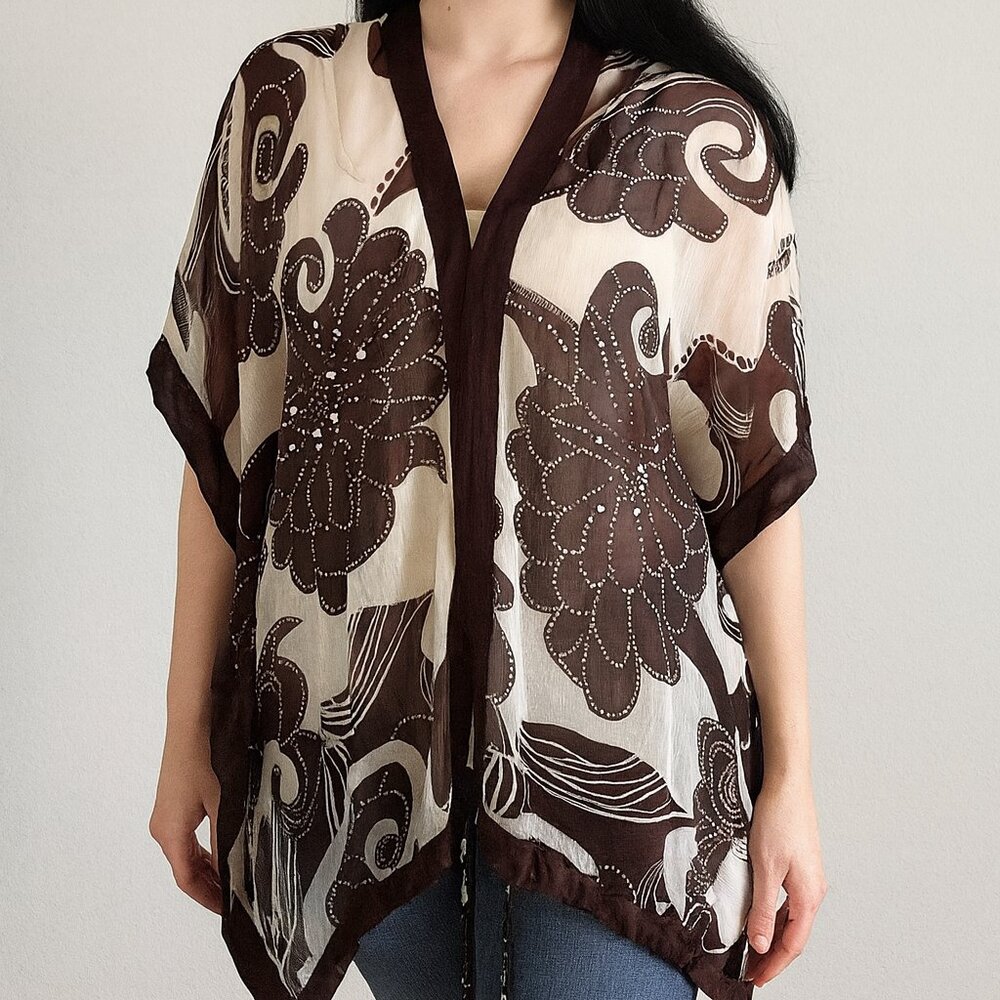 Vintage 90s Bebe 100% Silk Bohemian Chic Sheer Brown and Cream Blouse